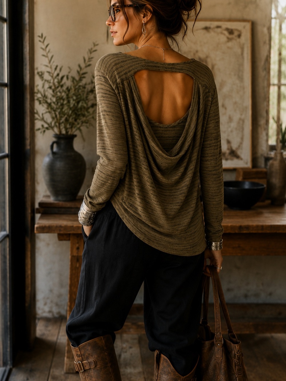 Lagenlook Draped Open Back Knit Tunic Top Olive Boho Artisan USA Made 4